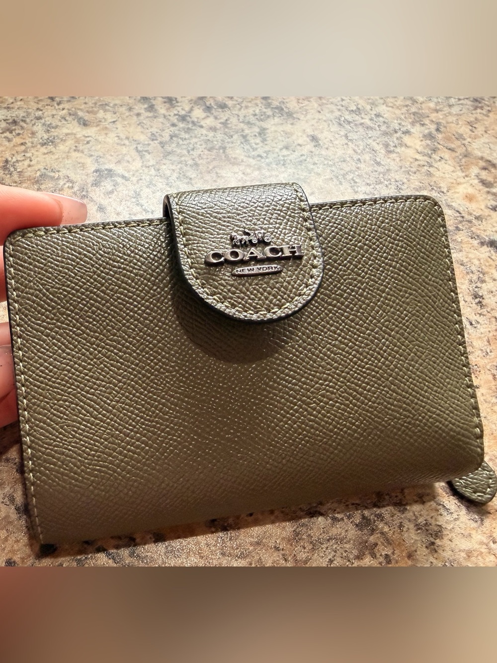 Coach Olive Green Saffiano Leather Mini Wallet with Silver Logo